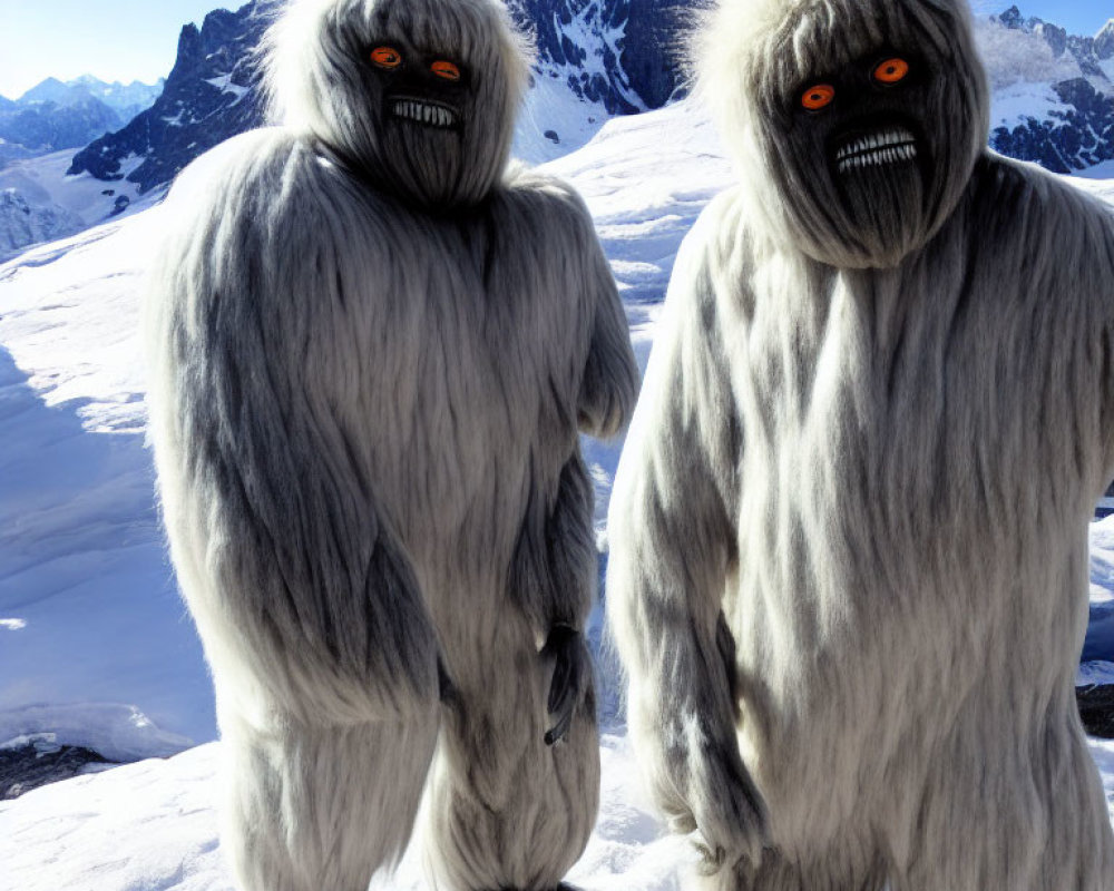 Menacing grey creatures with glowing orange eyes in snow-covered landscape