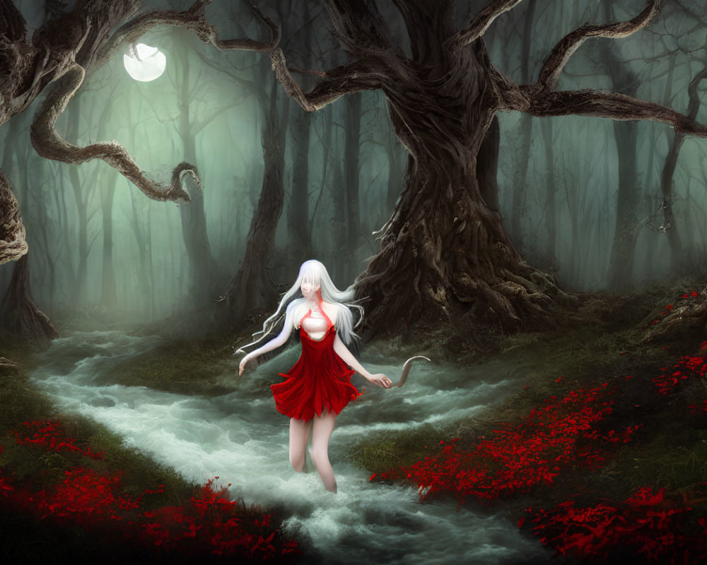 Enchanted forest with white-haired woman in red dress at night