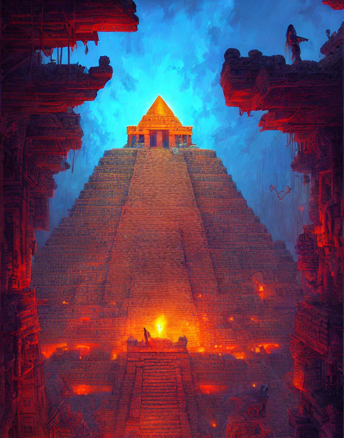 Ancient Mesoamerican pyramid at twilight with glowing orange lights