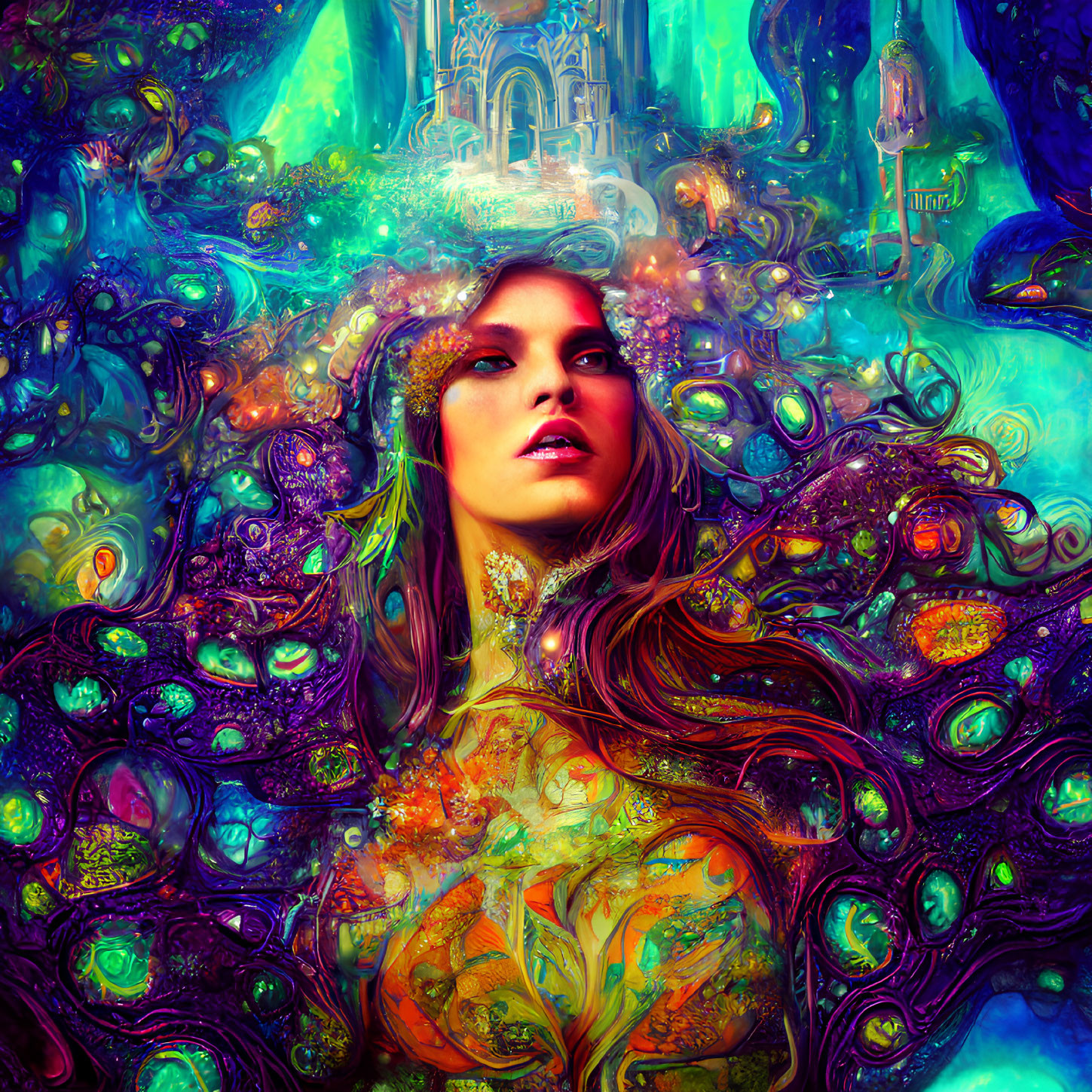 Colorful digital artwork: Woman with flowing hair in whimsical castle scene