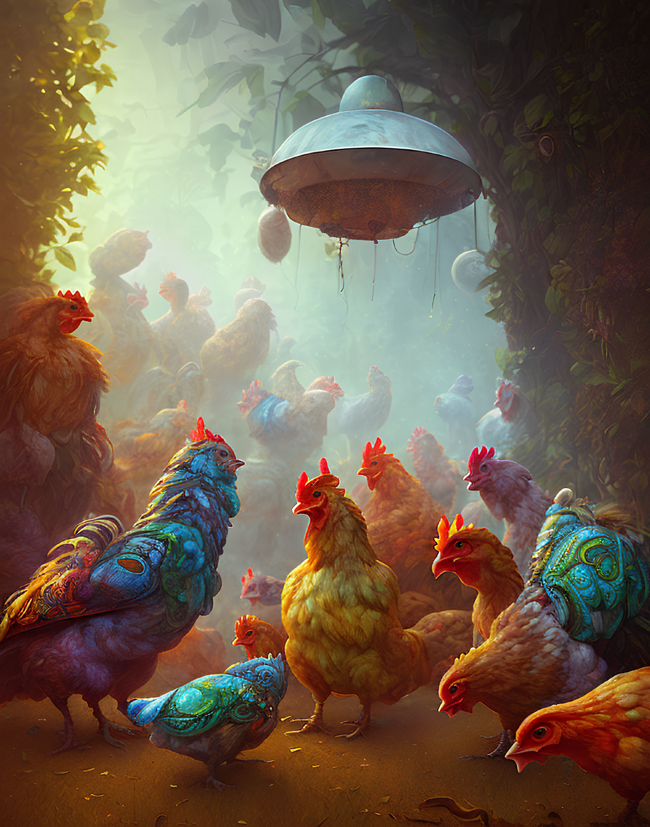 Vibrant chickens observe UFO in forest fog under warm sunlight