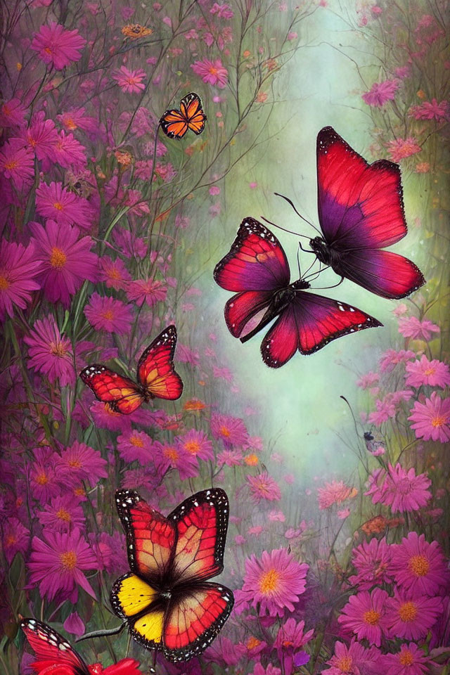 Colorful butterfly art among purple flowers in mystical setting