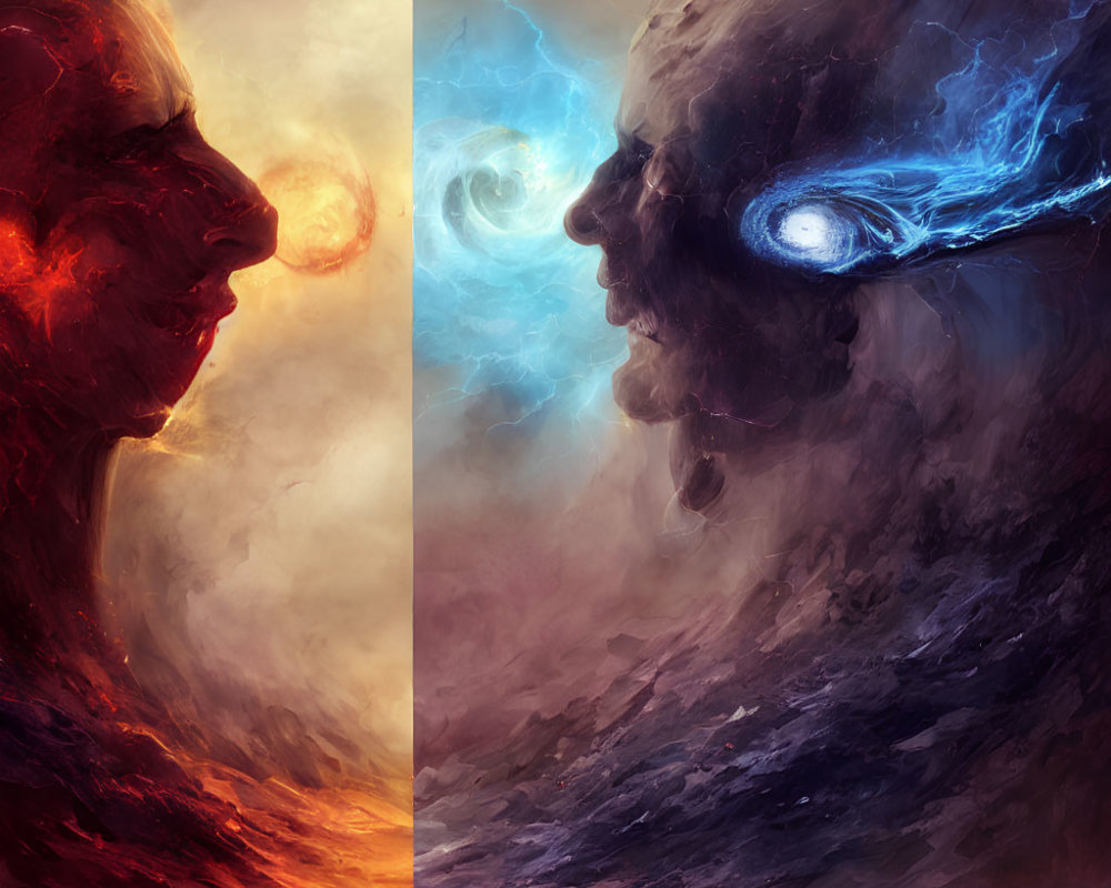 Contrasting fire and ice profiles with dynamic swirling colors.
