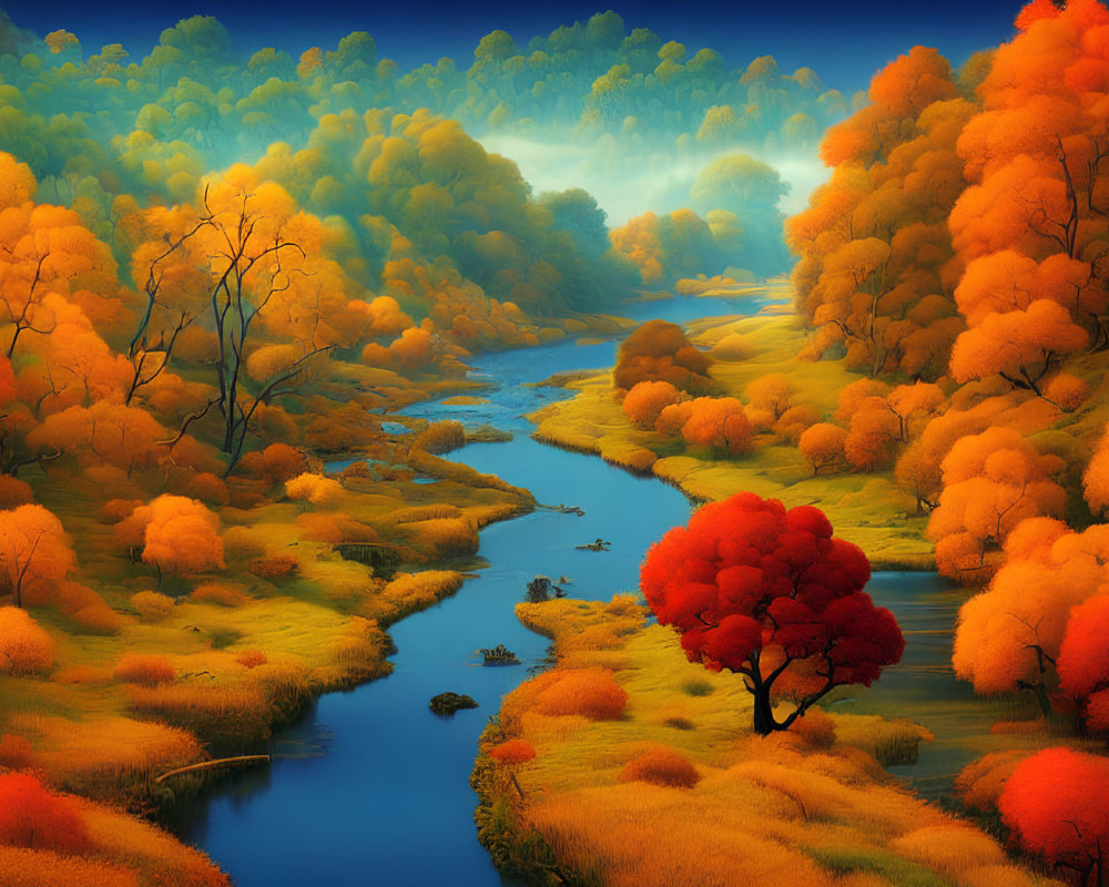 Colorful autumn landscape with red tree, golden trees, river, and blue fog