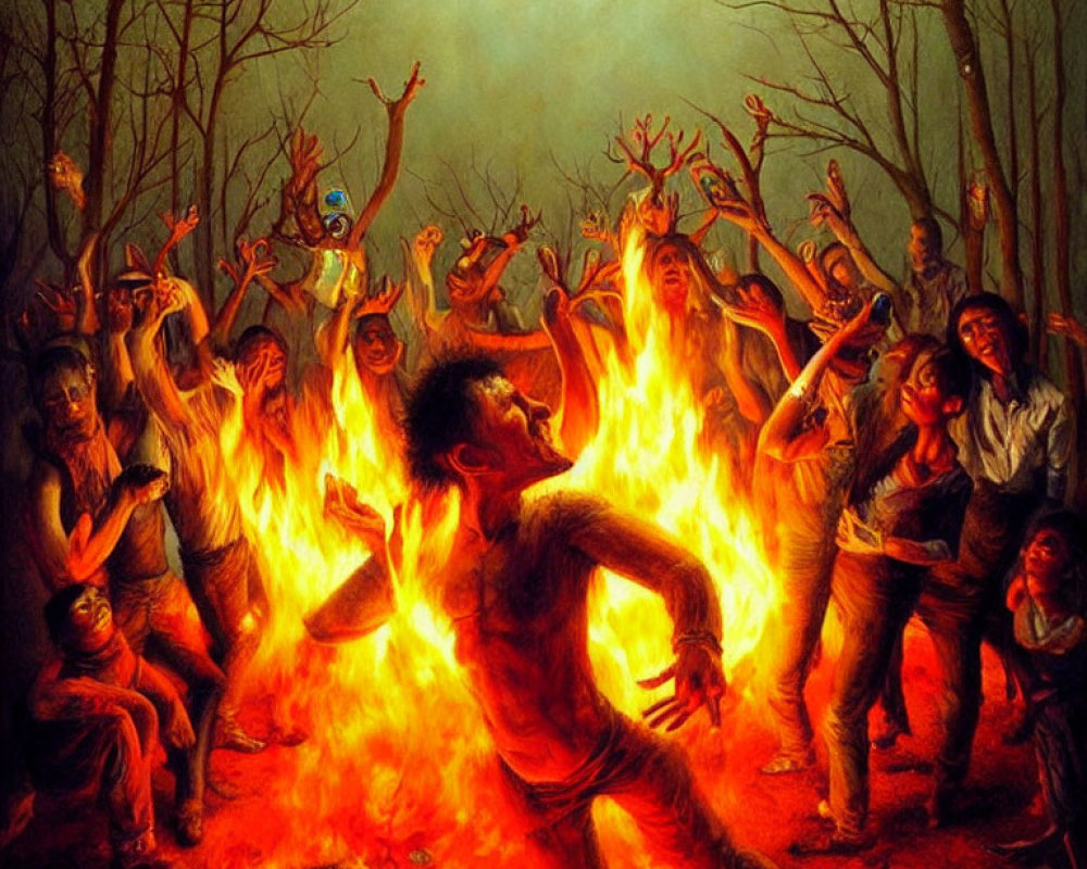 Group of people dancing frenetically around large fire in forest at night