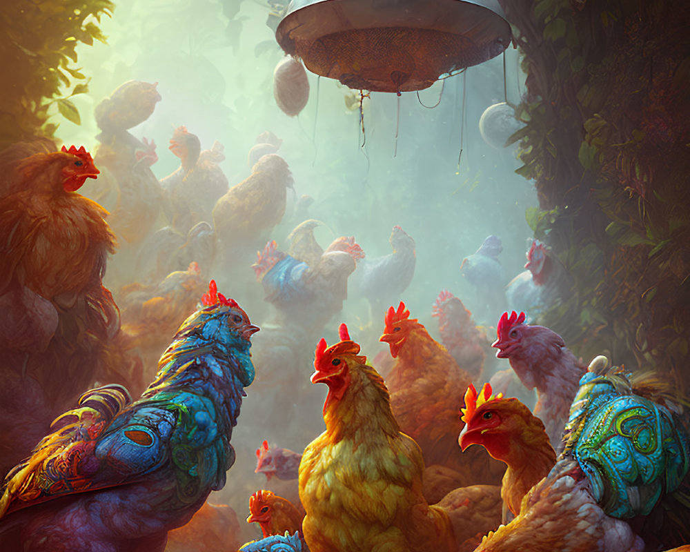 Vibrant chickens observe UFO in forest fog under warm sunlight