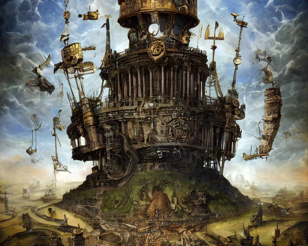 Steampunk cityscape with central tower, flying machines, and balloons under dramatic sky