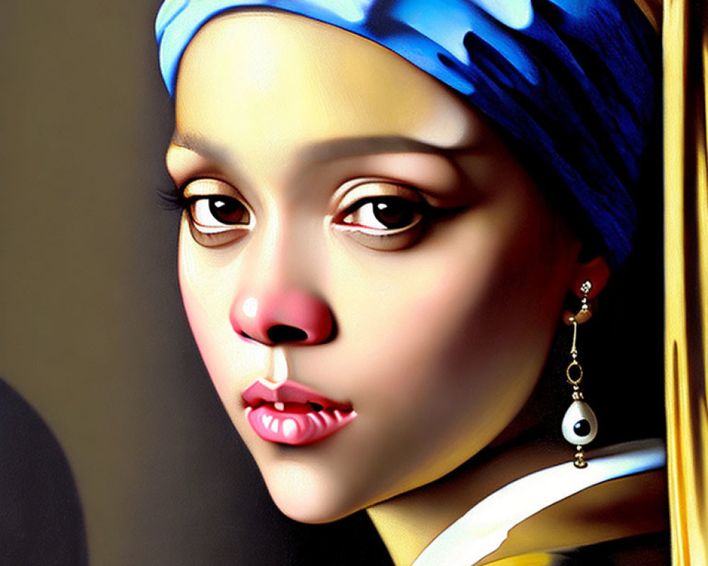 Digital reinterpretation of iconic painting with young woman in blue headscarf and earring