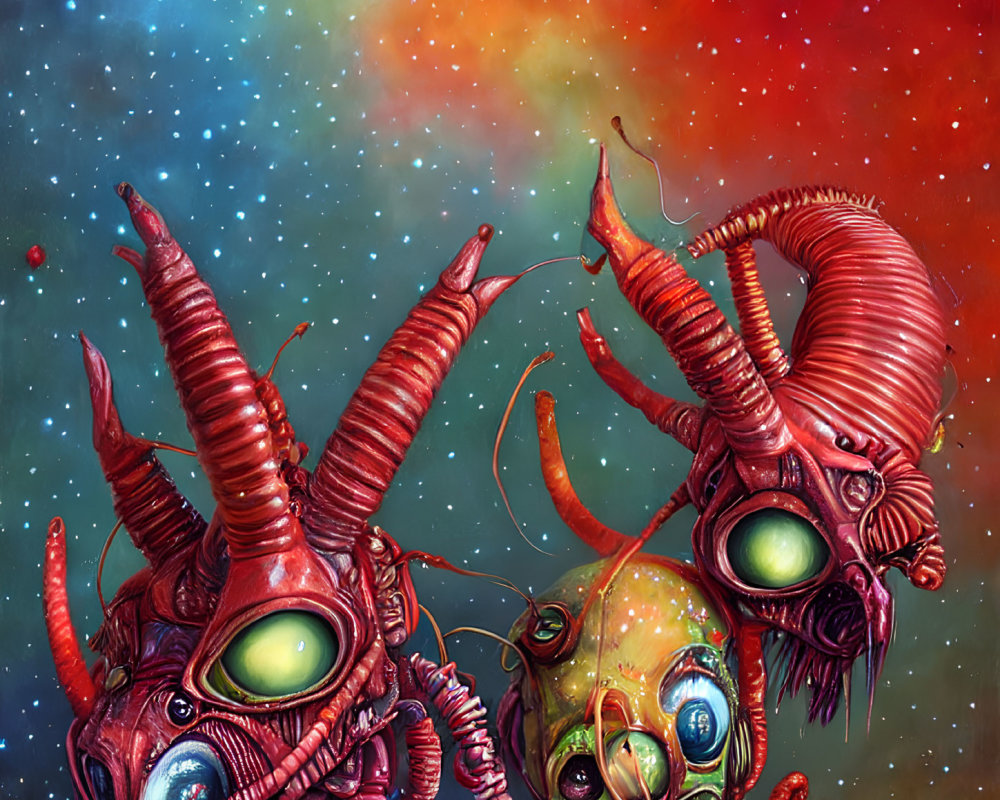 Colorful Alien Creatures with Spiraled Horns and Tentacles in Cosmic Nebula