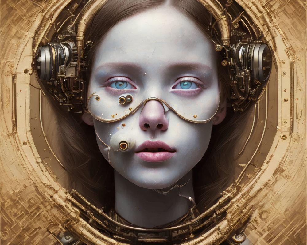Steampunk-style digital artwork of a woman with mechanical parts and golden backdrop.
