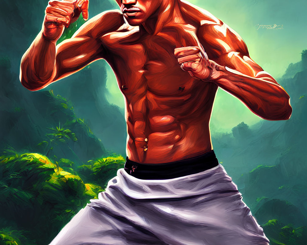 Shirtless martial artist in fighting stance against lush backdrop