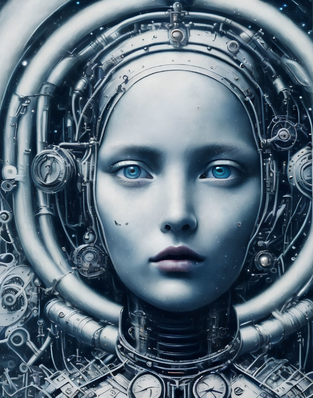 Detailed Illustration of Female Android with Blue Eyes and Pale Skin