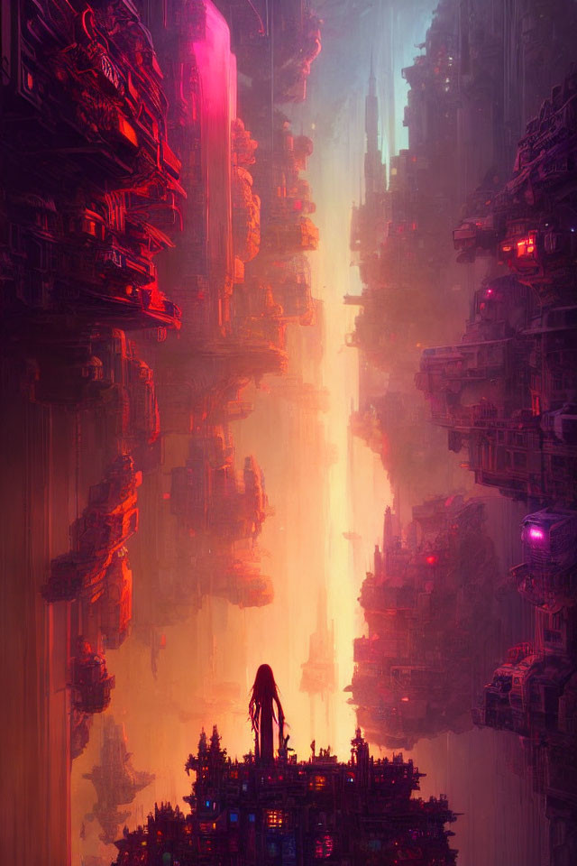 Mysterious figure in futuristic cityscape with glowing chasm