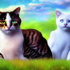 Colorful Cats with Striking Eyes Sitting on Grass Under Vibrant Sky