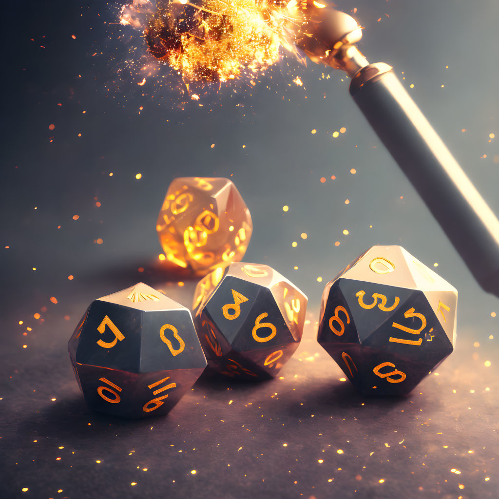 Polyhedral dice with sparks and magical aura on dark fantasy background