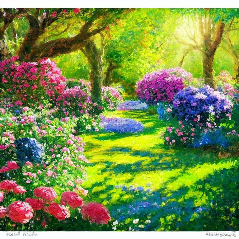 Lush garden pathway with green trees and blooming flowers