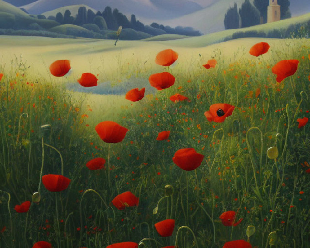 Scenic painting of red poppies, green hills, and clock tower landscape