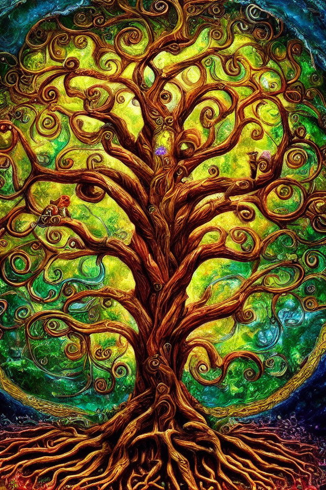 Colorful whimsical tree painting with swirling branches and celestial backdrop