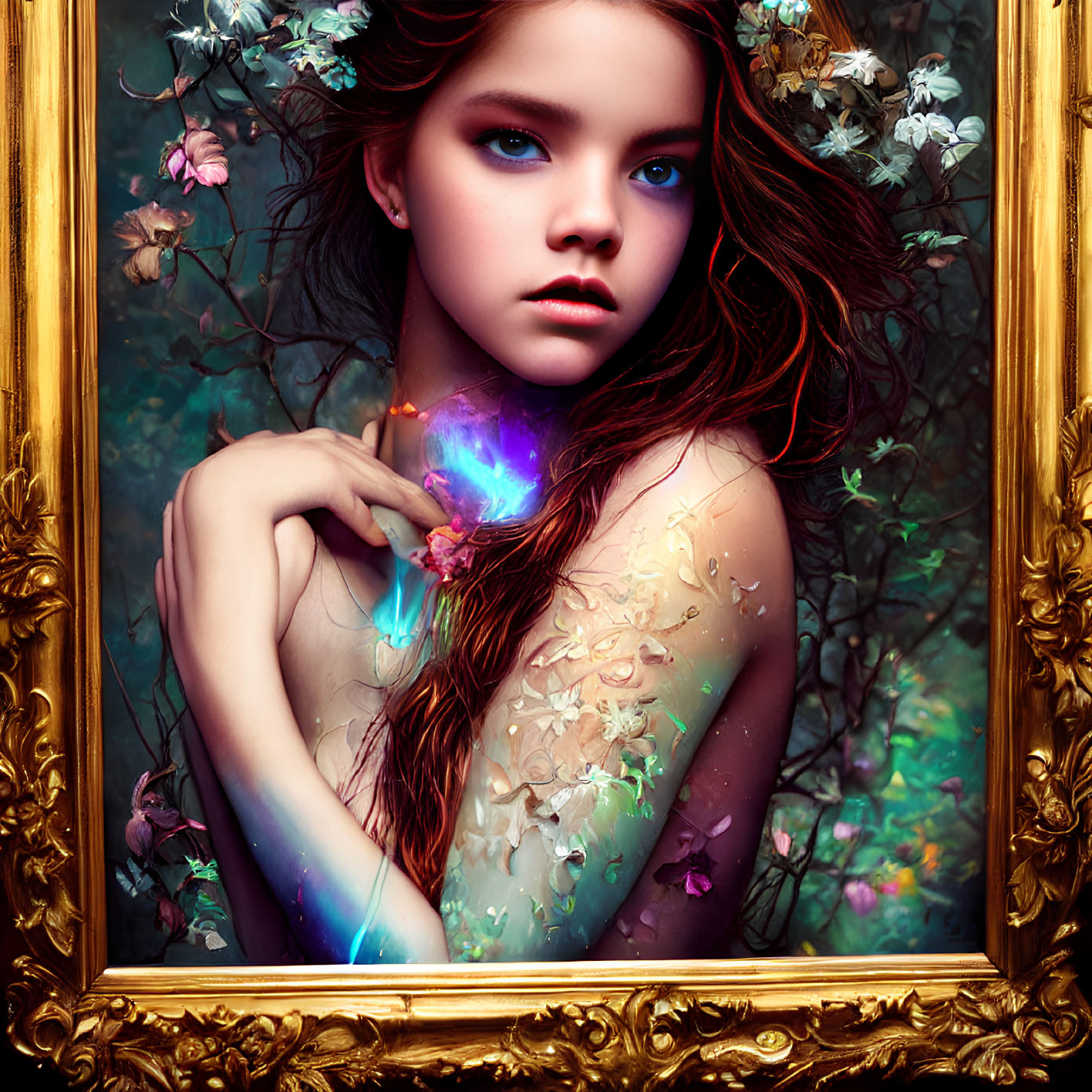 Ethereal girl with flower skin in ornate golden frame and mystical light.