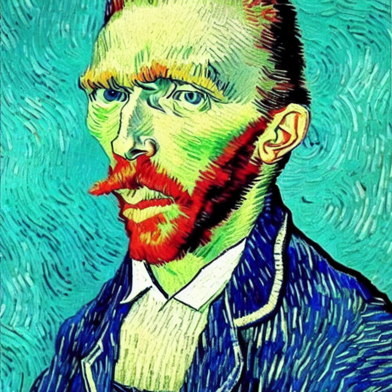 Impressionist painting of bearded man in blue and green brushstrokes