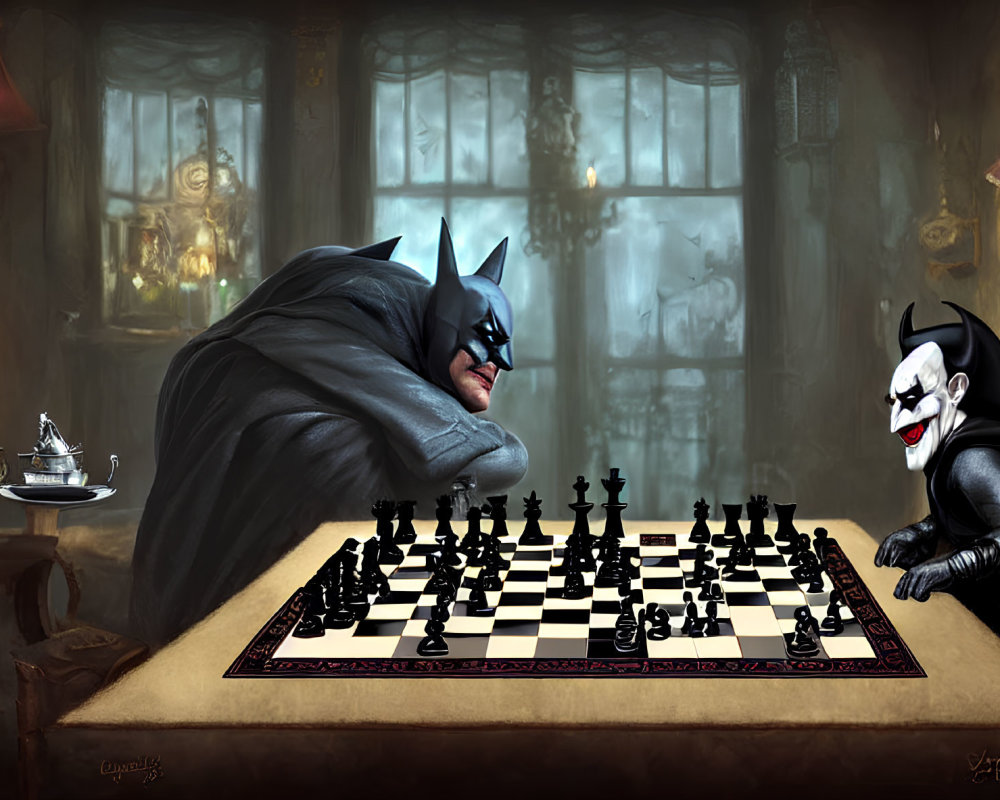 Stylized Batman characters playing chess in gothic room