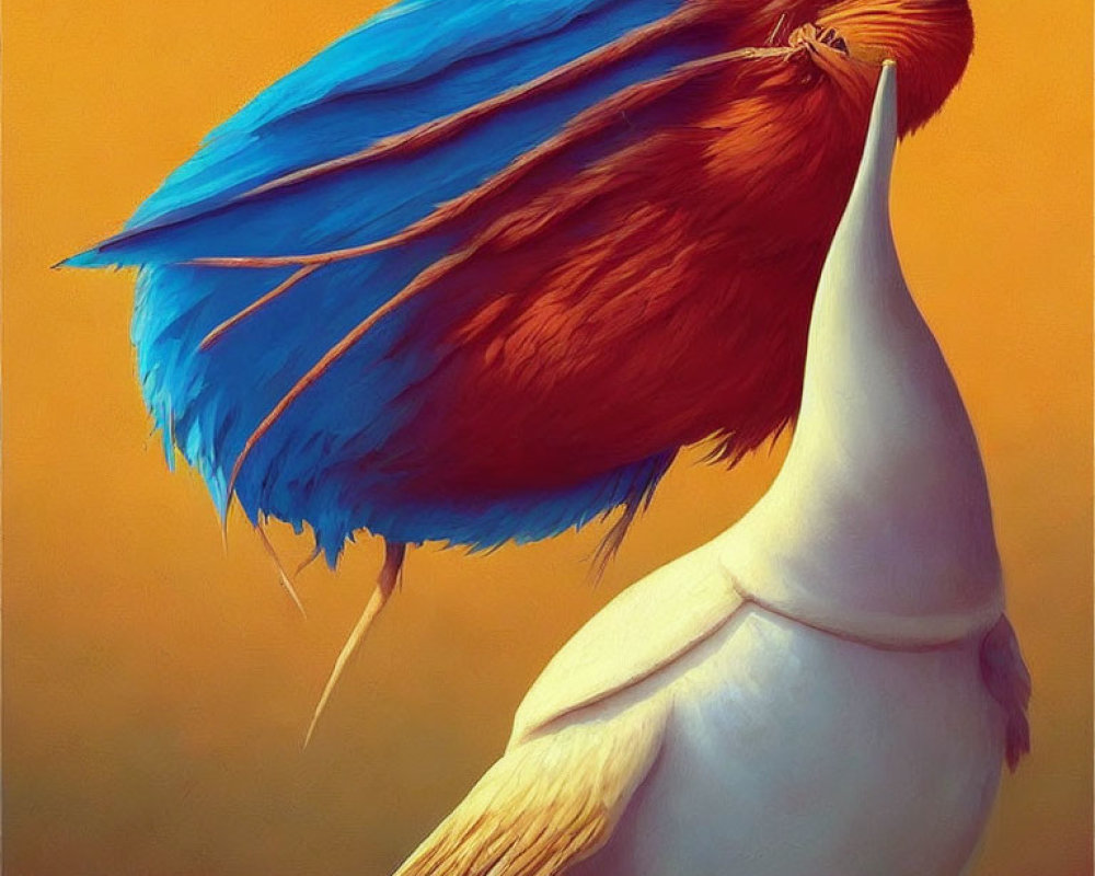 Colorful digital art: Parrot's blue feathers merge with white cockatoo body on orange backdrop