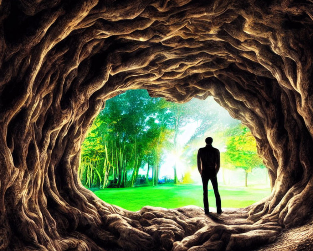 Silhouette of Person at Tree Root Cave Entrance in Sunlit Forest