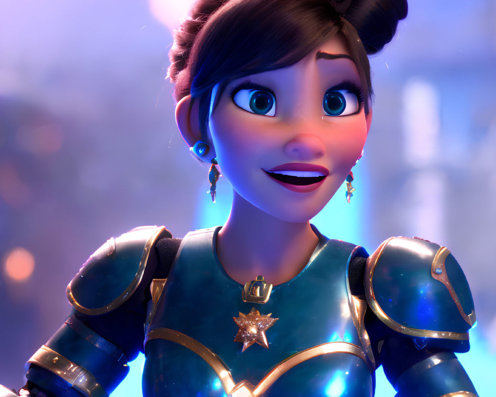 Brown Hair Updo on Female Character in Futuristic Blue Armor