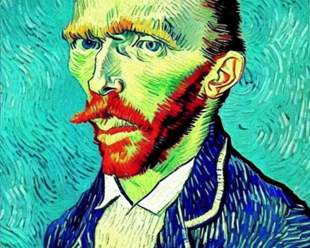 Impressionist painting of bearded man in blue and green brushstrokes