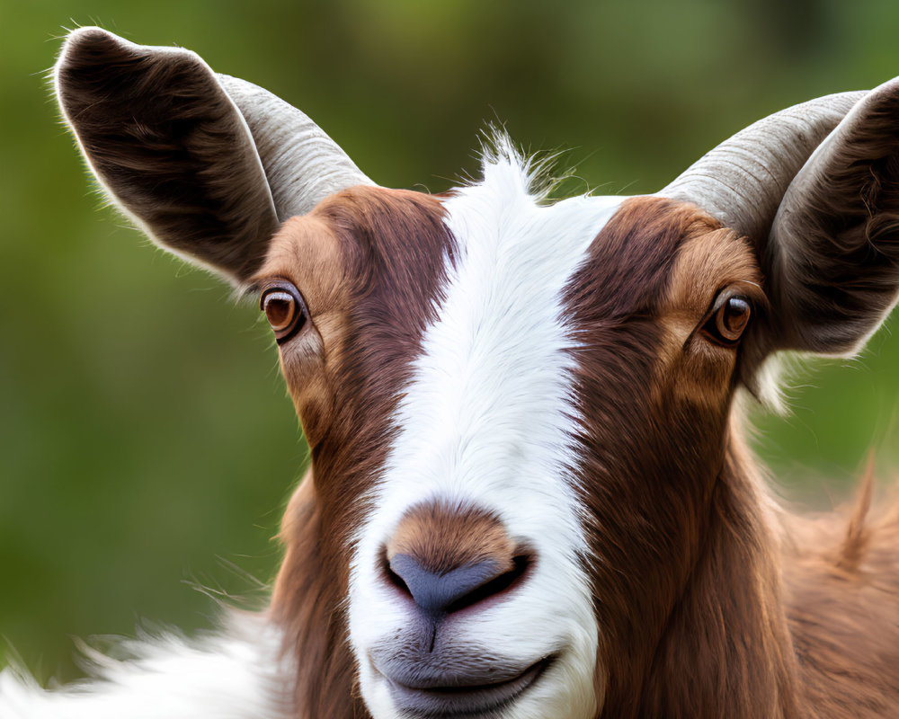 Brown and White Goat with Alert Ears and Warm Eyes on Green Background