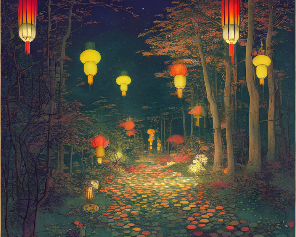 Colorful Lantern-Lit Forest Path with Mysterious Glow