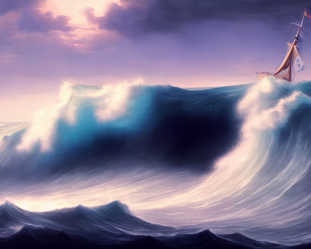 Sailboat with white flag and spade symbol on massive ocean wave under purple sky