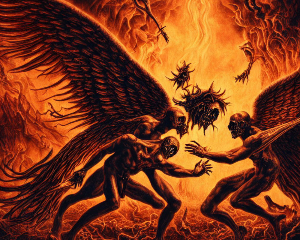 Fantasy illustration of winged figures clashing in fiery conflict