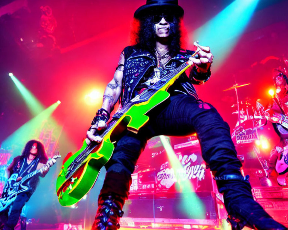 Rock guitarist in top hat plays neon green guitar on stage with vibrant lights