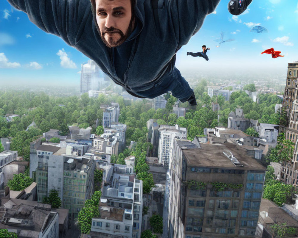 Man flying above cityscape with superhero stance and miniature superheroes in background.