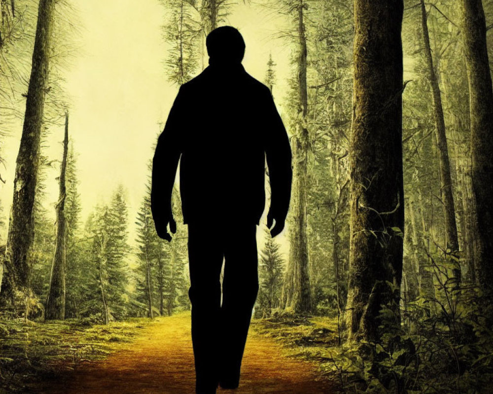 Person walking in misty forest with glowing background