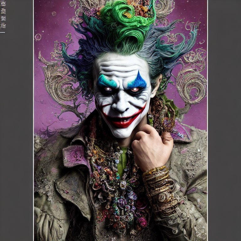 Colorful Joker portrayal with green hair, ornate costume, and whimsical expression