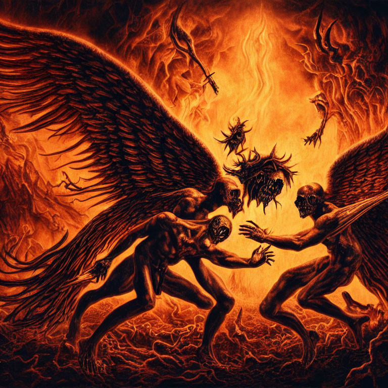 Angel and devil fighting in hell