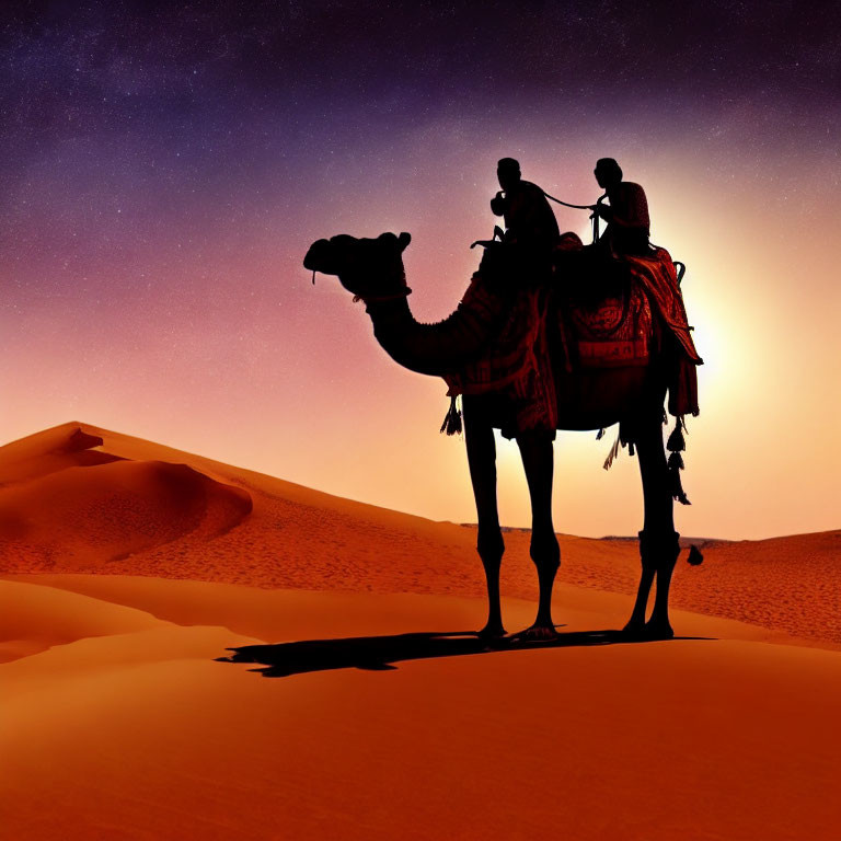 Desert sunset scene with camel riders and person casting shadows