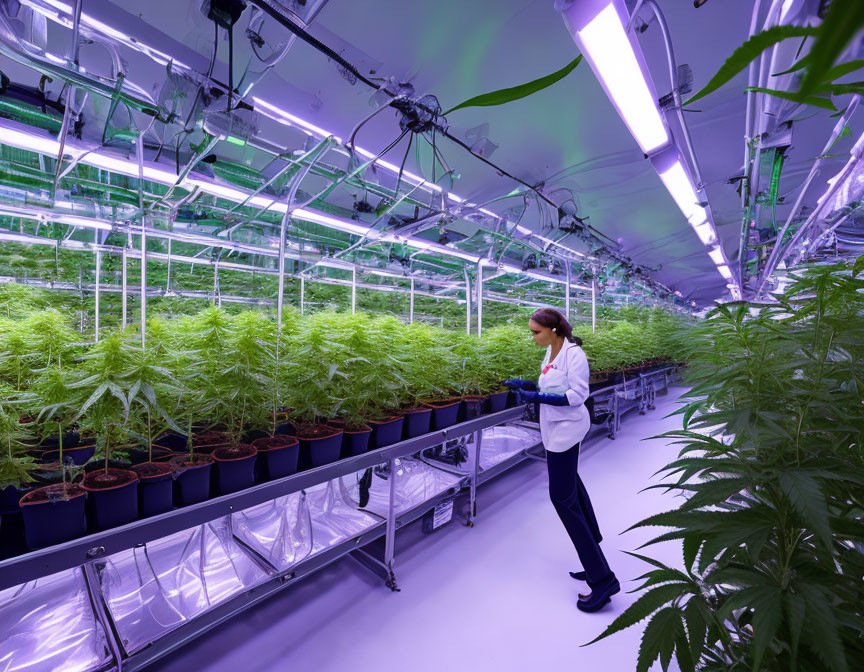 Scientist in lab coat studies plants in indoor hydroponic cannabis farm