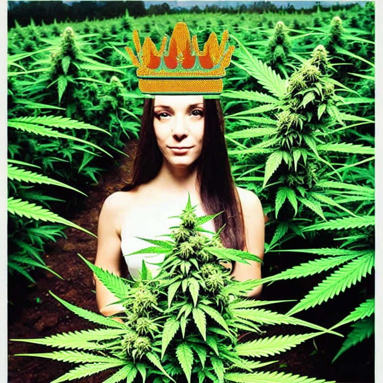 Illustration of woman with crown in cannabis field holding large bud