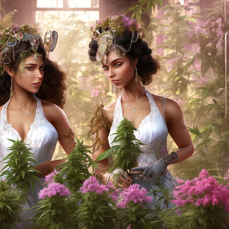 Two women in ornate headpieces caring for vibrant purple flowers in a lush greenhouse.