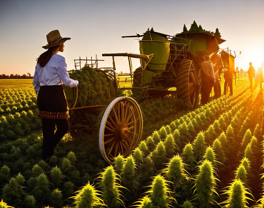 Person in hat watches workers harvesting crops at sunset in field.