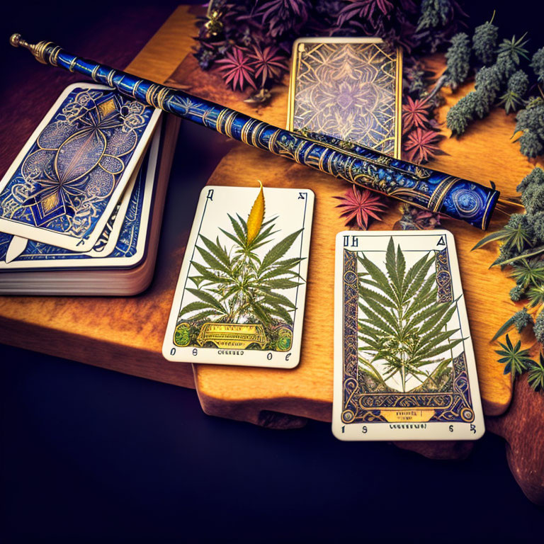 Cannabis Leaf Tarot Cards with Wand and Fall Leaves on Wooden Table