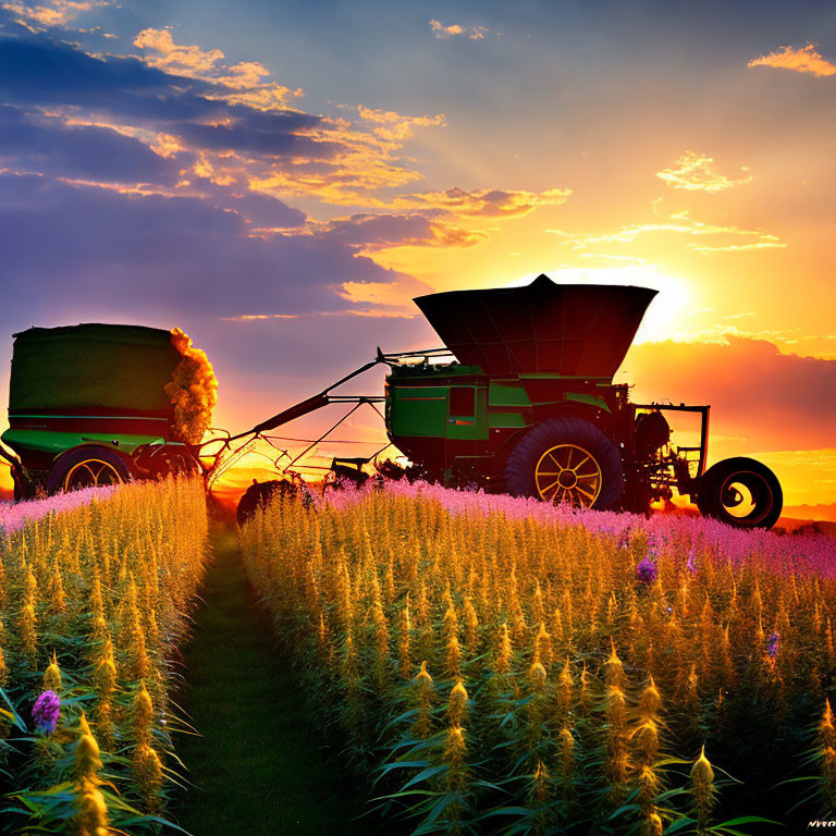 Combine harvester harvesting wheat in golden field at sunset