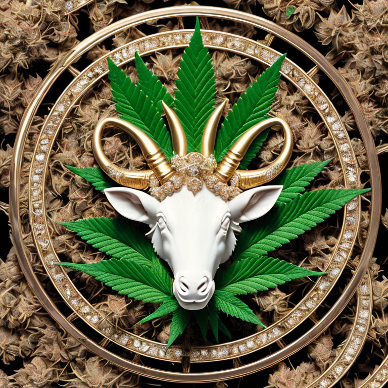 Golden-horned white goat emblem on green cannabis leaf background