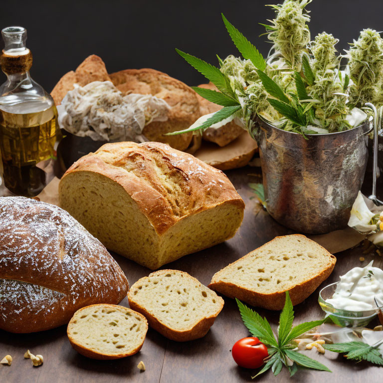 Assorted bread loaves, hemp plants, oil, and seeds on wooden table