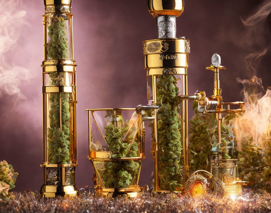 Golden Cannabis Dispensers with Marijuana Buds on Amber Background