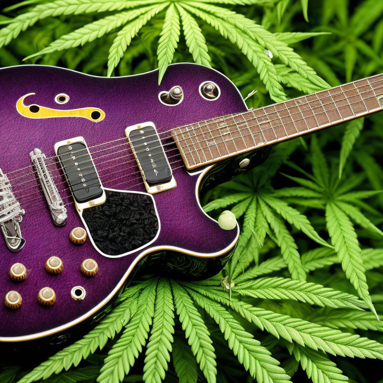 Purple Electric Guitar on Green Cannabis Leaves