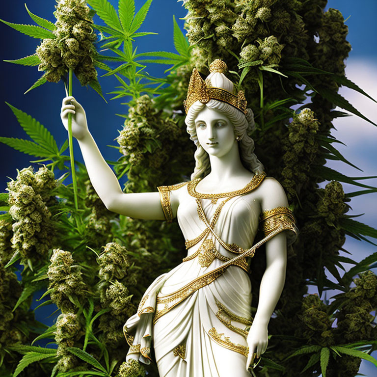 Greek Goddess Statue Among Marijuana Buds on Blue Background
